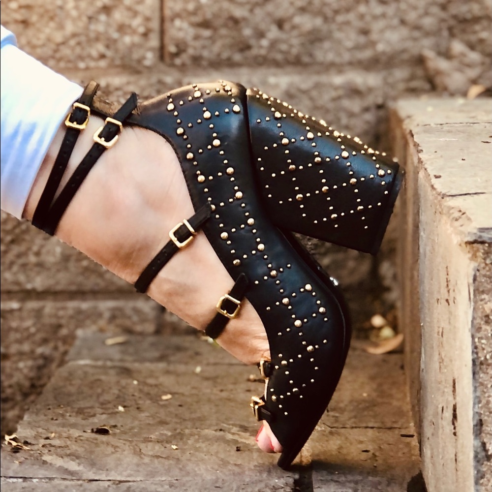 Leather studded block heels with lots of buckles!